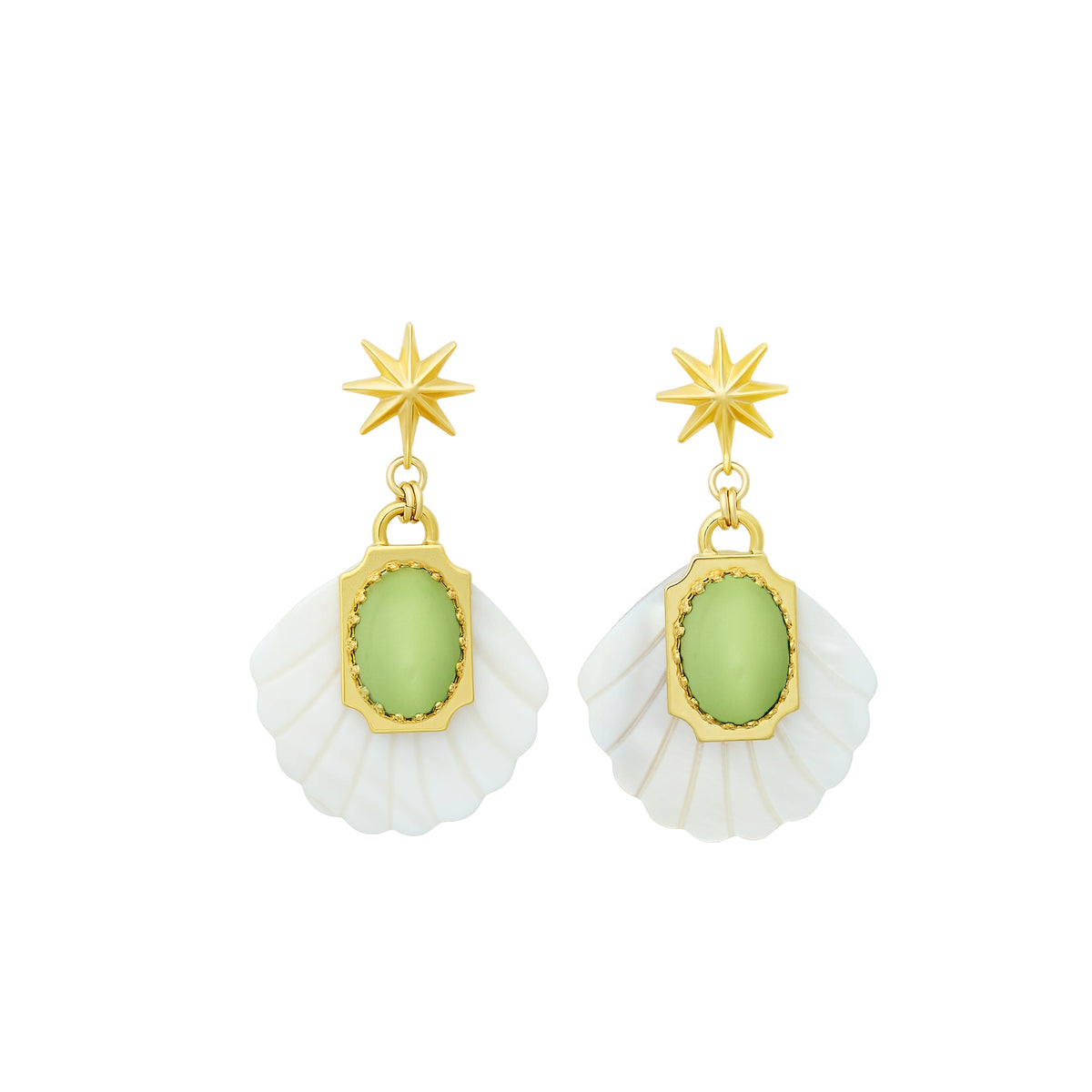 Front view of Aperitivo earrings with carved mother-of-pearl fan drops, green moonstone cabochons and gold-plated star toppers