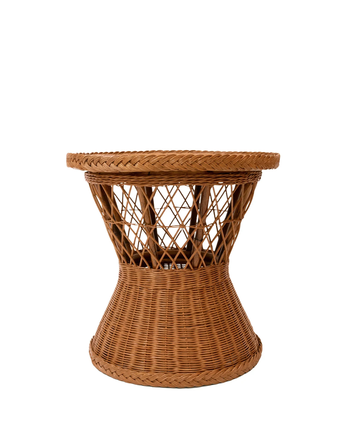 Front view of Aperitivo Side Table showcasing handwoven rattan and open lattice sides against a white background