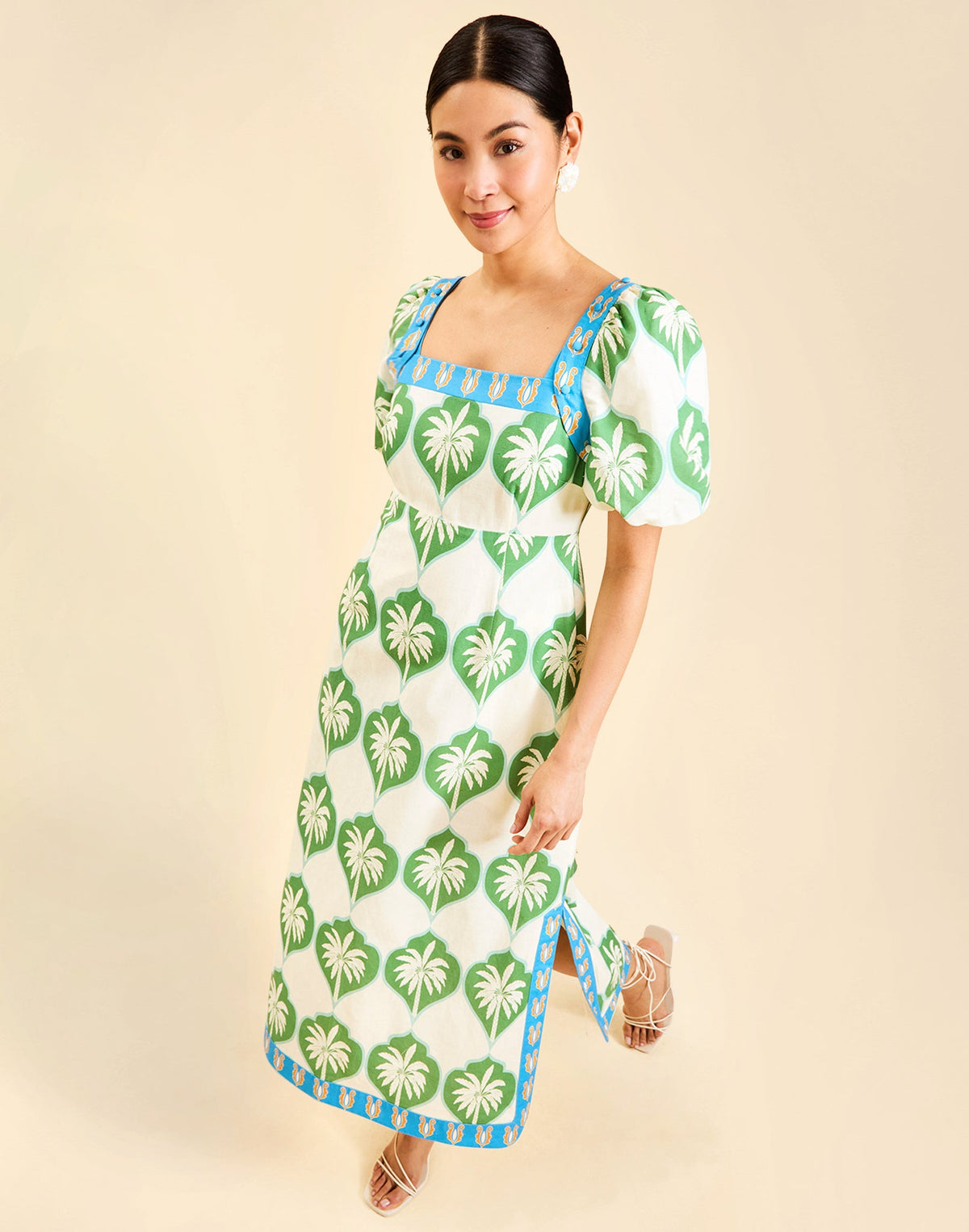 Apollo Convertible Midi Dress in Palm Bay Blue linen with square neckline, removable sleeves, and empire waist silhouette.