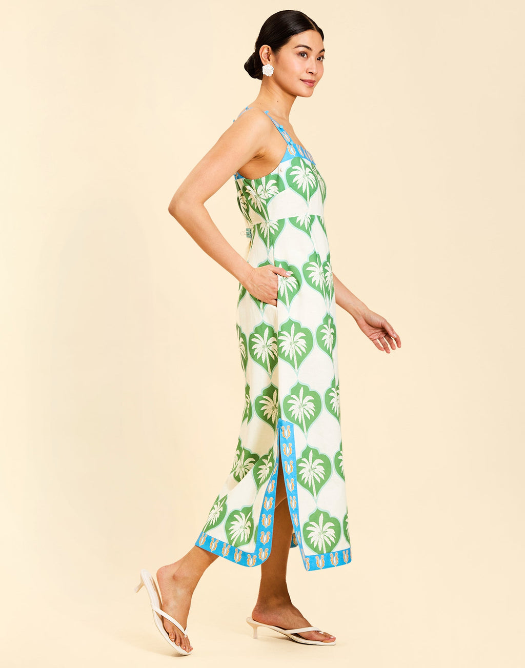 Apollo Convertible Midi Dress in Palm Bay Blue linen with square neckline, removable sleeves, and empire waist silhouette.