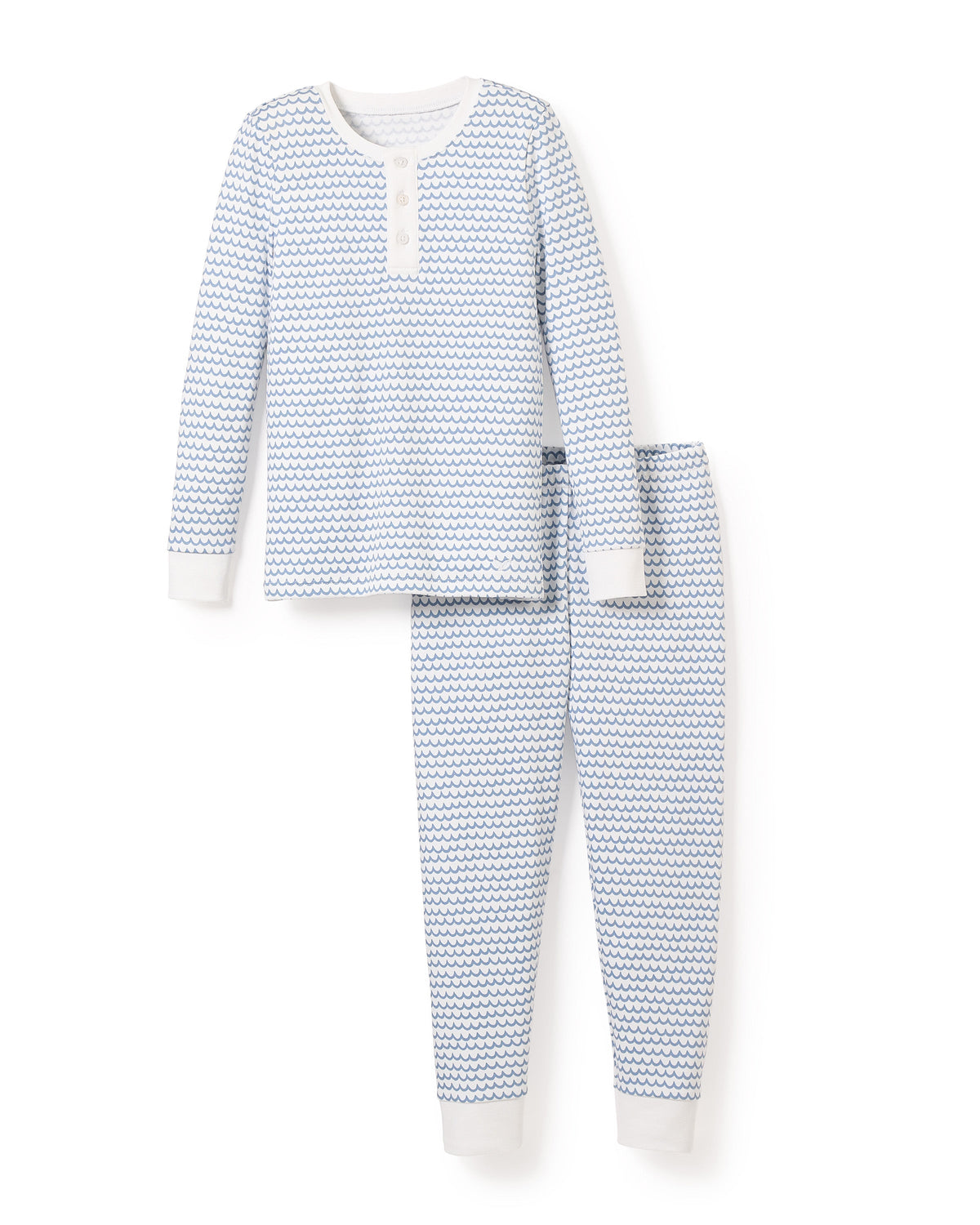 Front view of Kid’s Pima Snug Fit Pajama Set in La Mer showcasing blue wave pattern with a white background