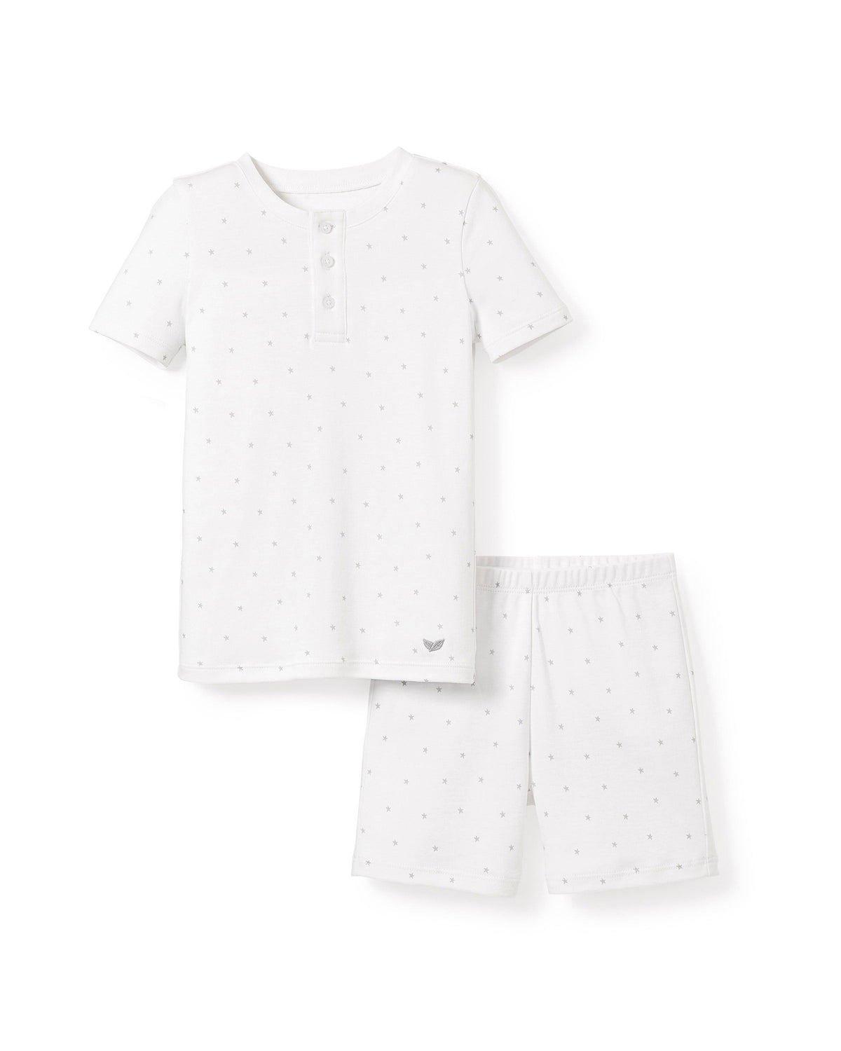 Flat lay of Kids Pima Snug Fit Pajama Short Set in Grey Stars with short sleeves, shorts, and star pattern on white