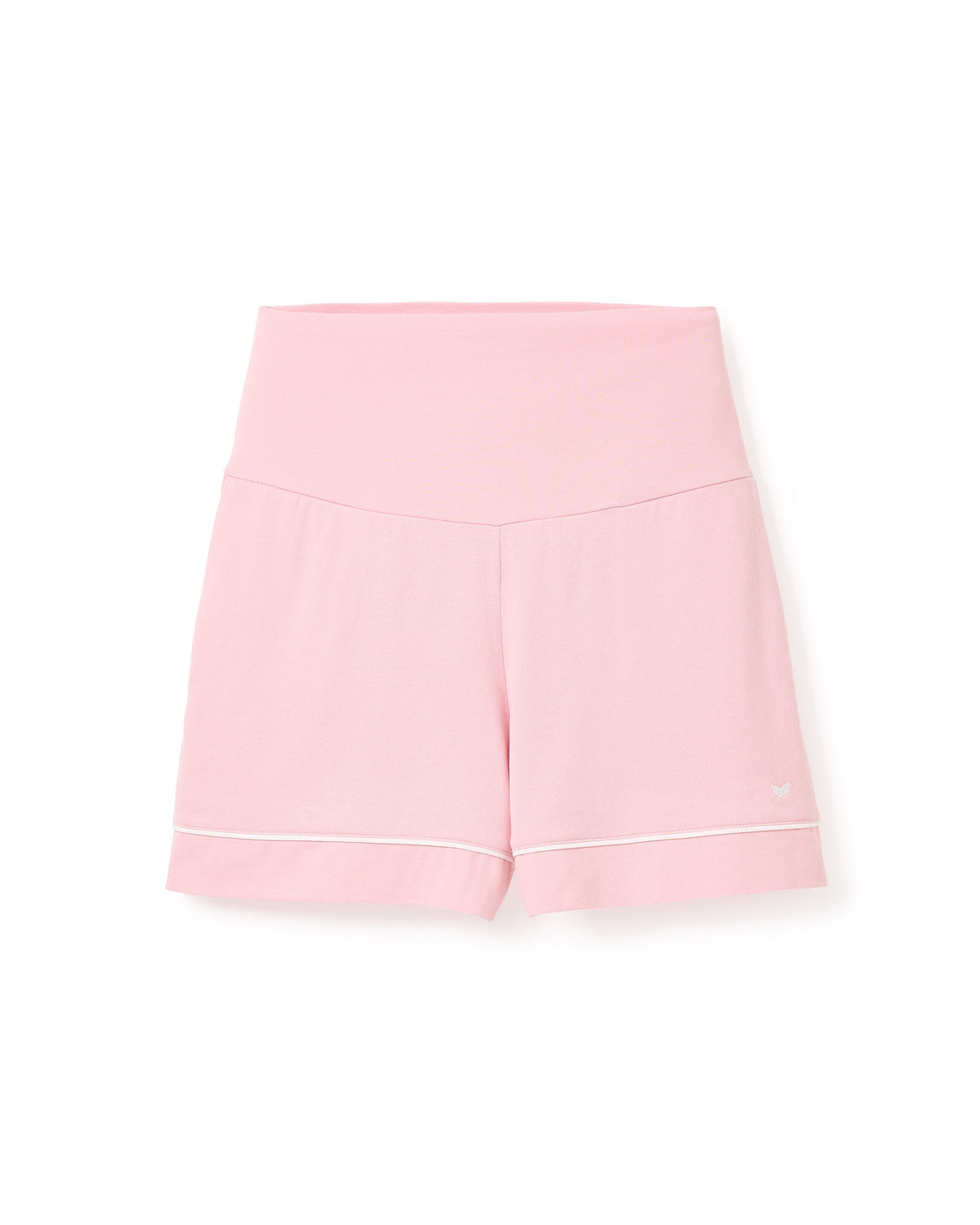 Front view of pink Pima maternity shorts showing high over-belly support band and white piping at hems on white background