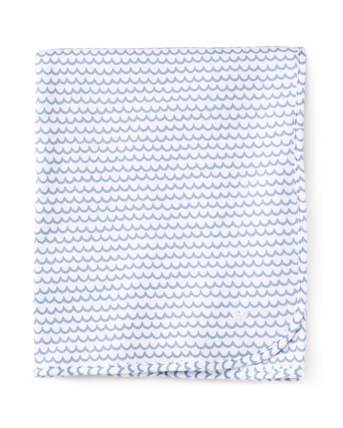 Front view of Pima baby blanket in La Mer showcasing a repeating light blue scallop pattern against a white background