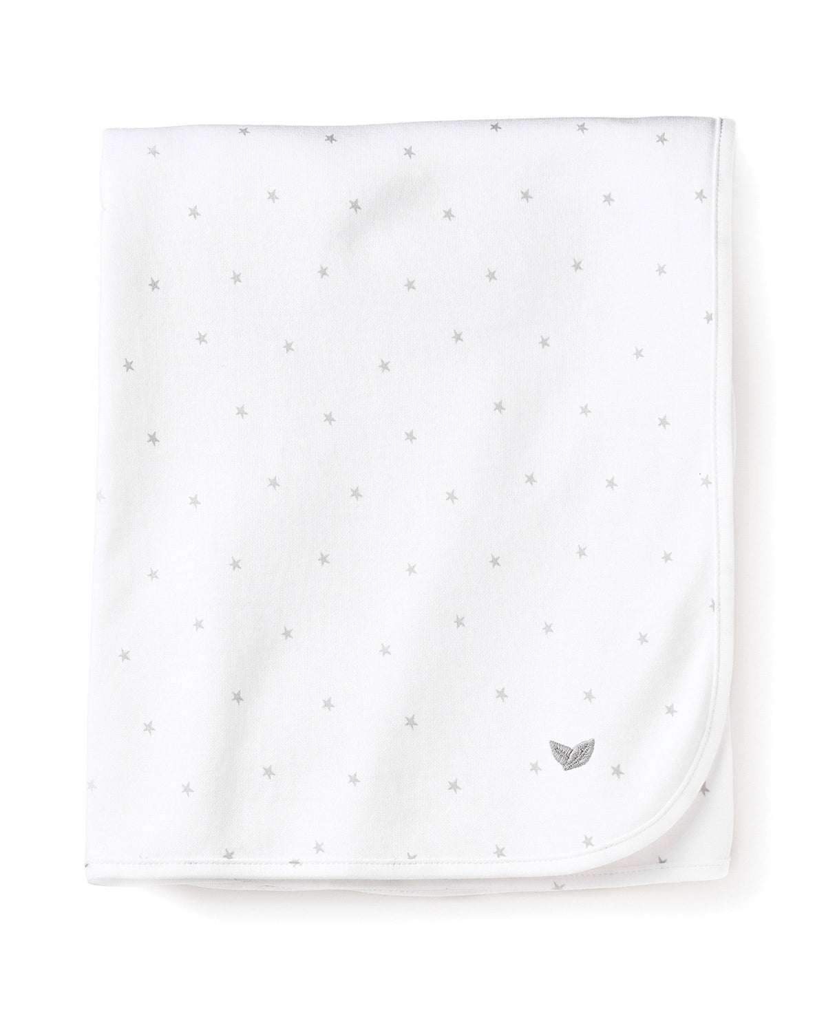 Top view of Pima Baby Blanket in Grey Stars showcasing gray stars and whale motif on white cotton
