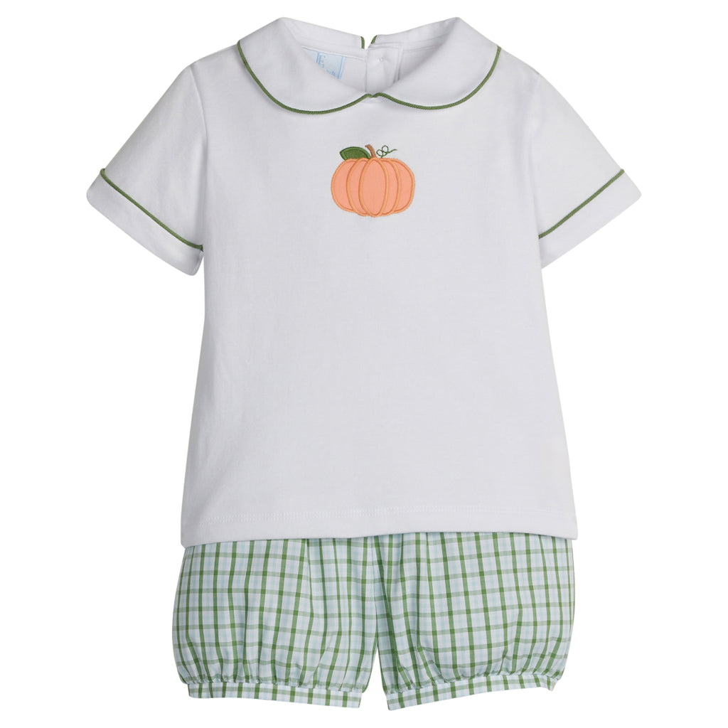 Little English classic short set for little boys.  White knit peter pan shirt with applique pumpkin at the center and coordinating banded shorts in green Leland Plaid.  