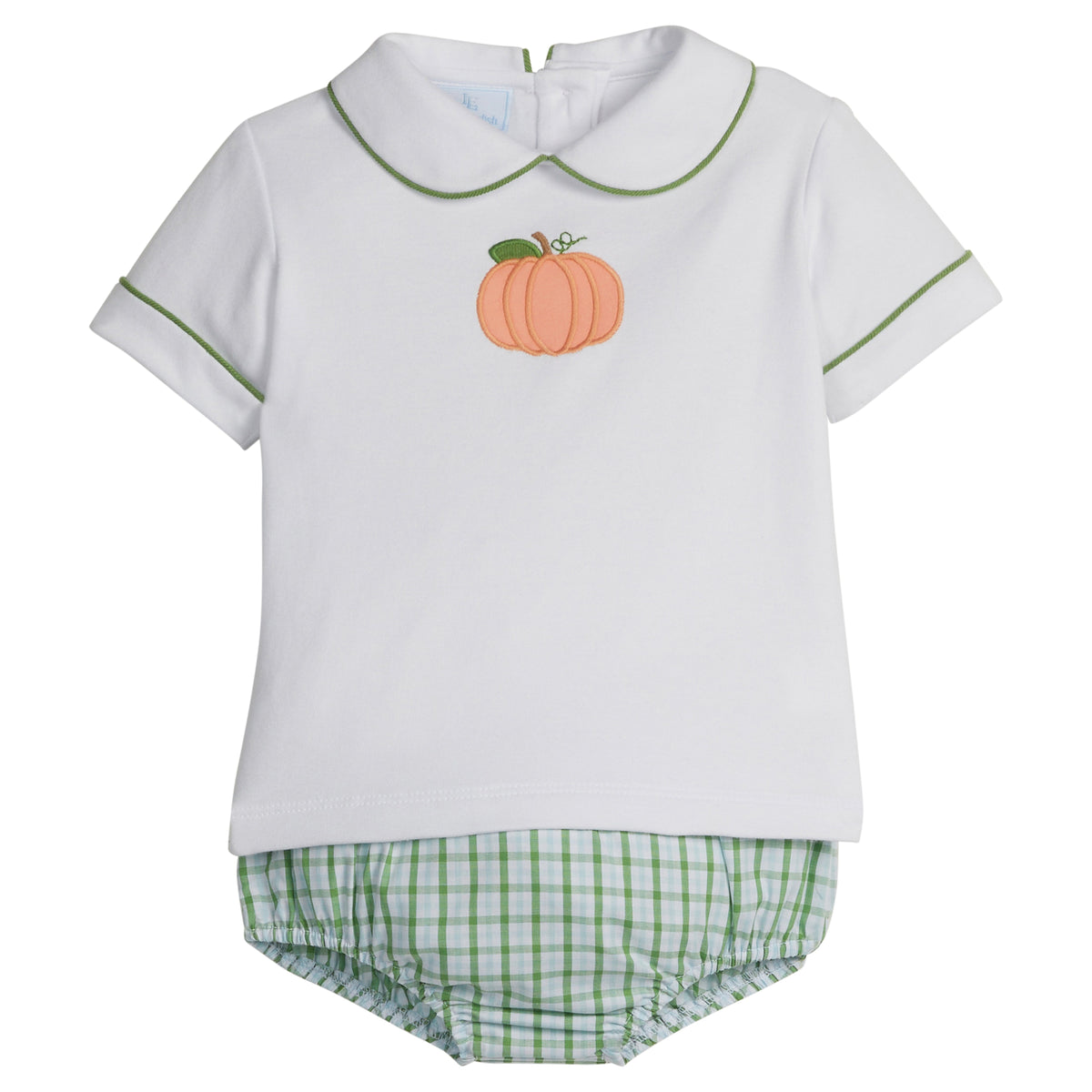 Little English classic diaper set for baby boys.  White knit peter pan shirt with applique pumpkin at the center and coordinating jam panty in green Leland Plaid.  