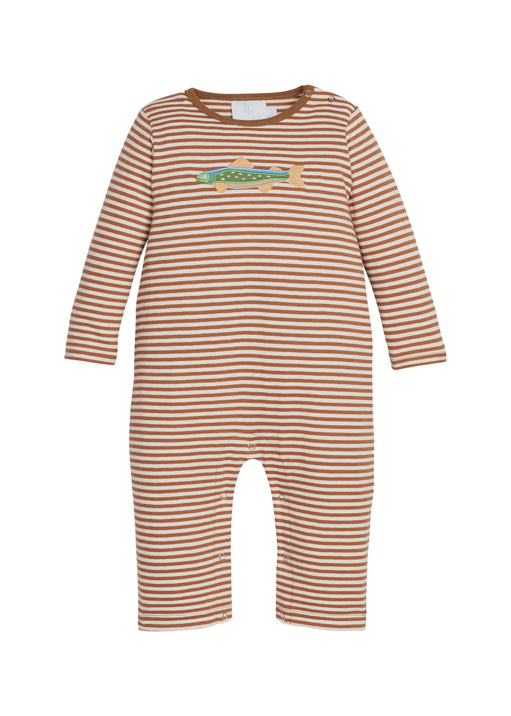 Little English classic childrens clothing.  Brown and white stripe knit romper with fish applique for baby boys.