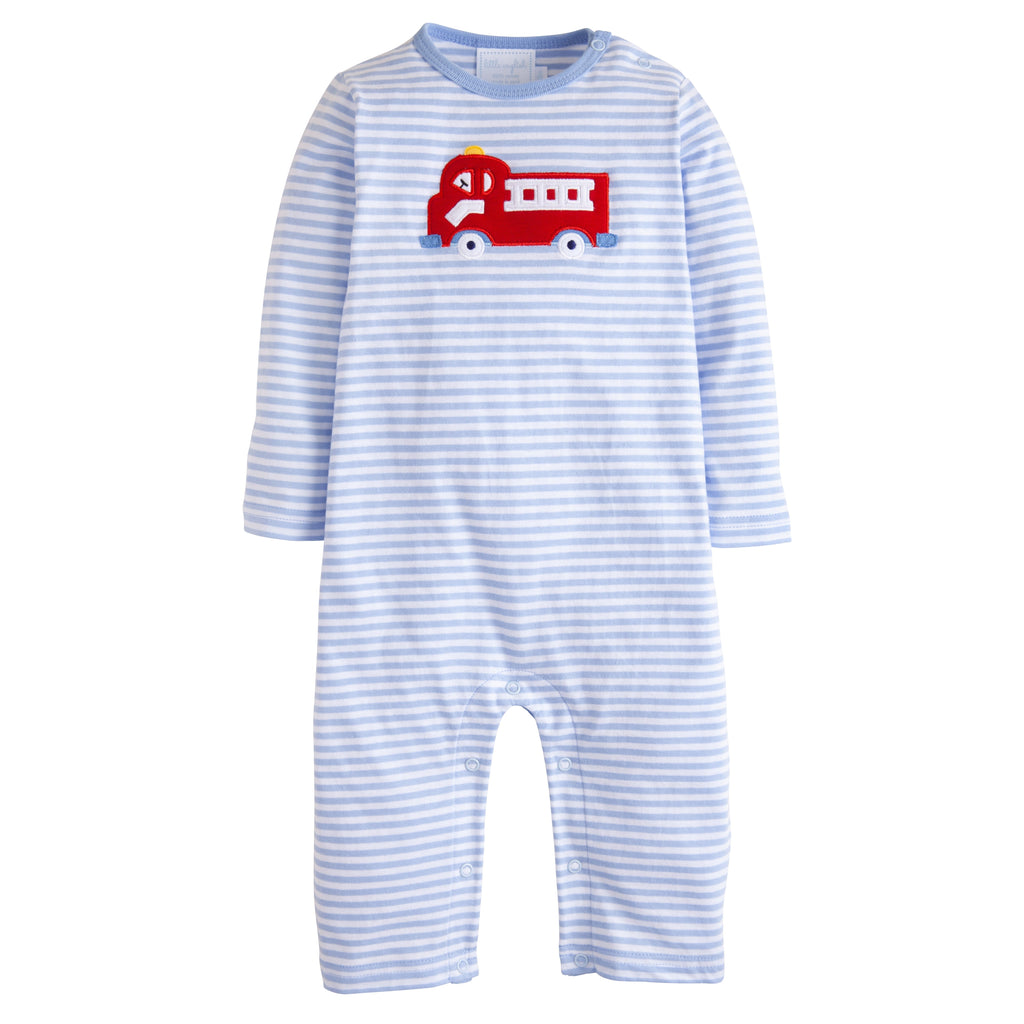 Little English classic children's clothing, light blue and white striped knit romper with red firetruck applique for baby boys 