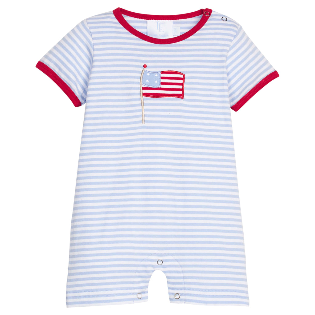 Little English traditional children's clothing. Baby boy's classic cotton romper with patriotic flag applique on chest.  Baby boy's Fourth of July outfit