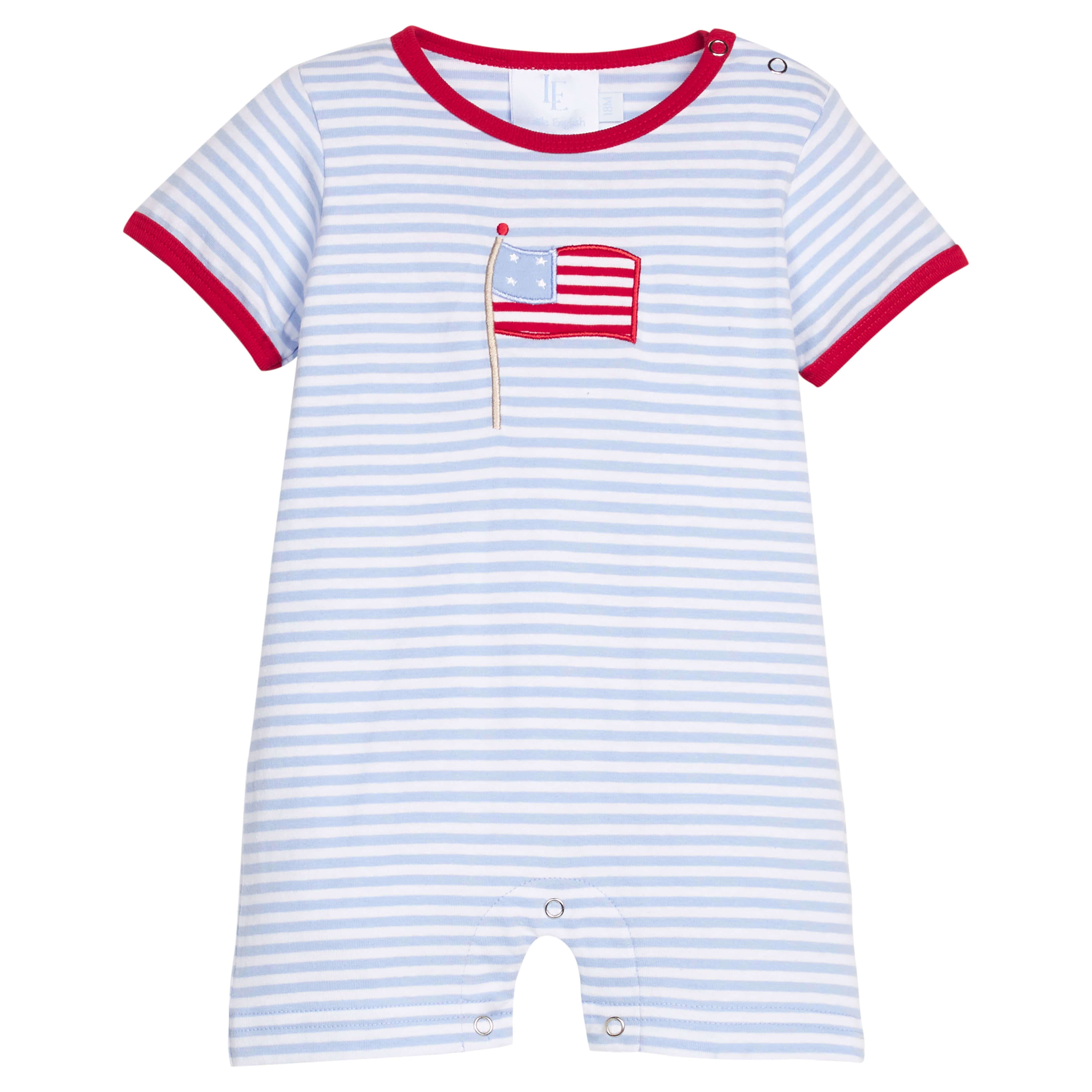 Little English traditional children's clothing. Baby boy's classic cotton romper with patriotic flag applique on chest.  Baby boy's Fourth of July outfit