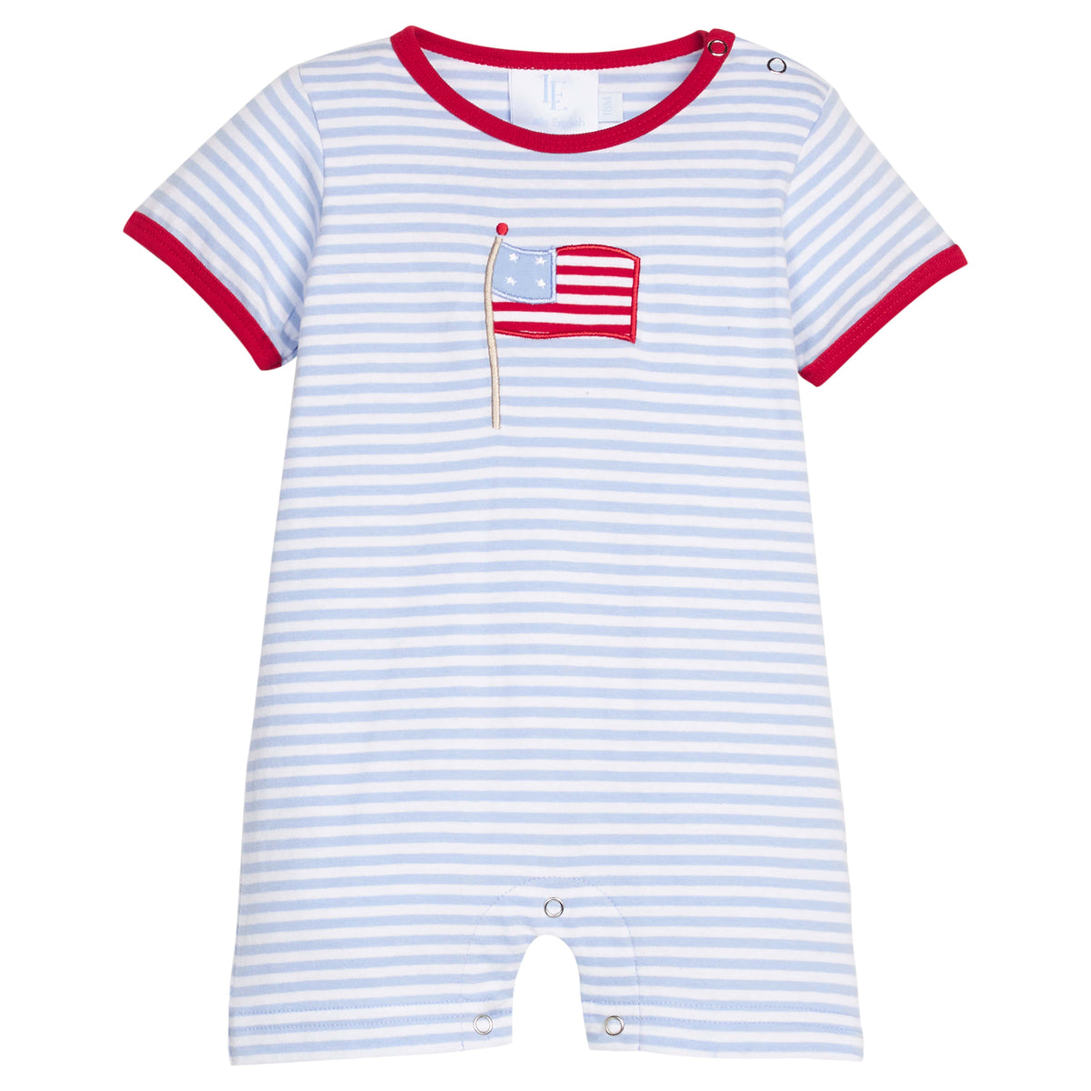Little English traditional children's clothing. Baby boy's classic cotton romper with patriotic flag applique on chest.  Baby boy's Fourth of July outfit