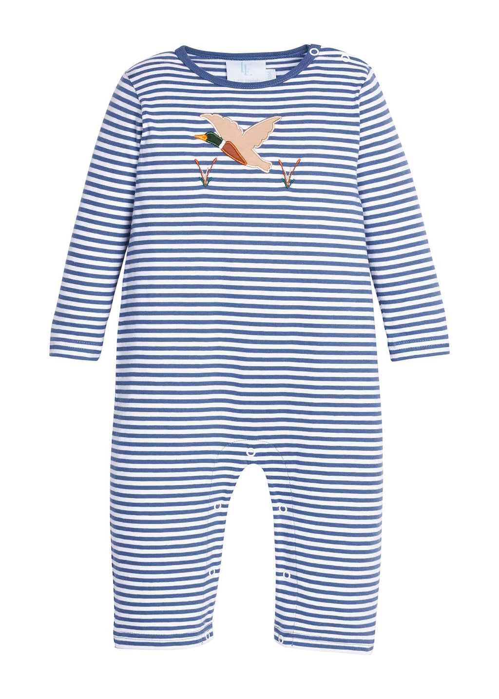 Little English classic childrens clothing.  Gray blue and white stripe knit romper with flying mallard applique for baby boys.