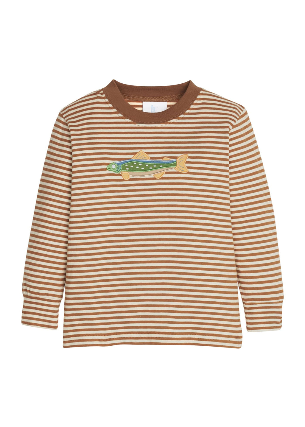Little English classic childrens clothing.  Brown and white stripe knit long sleeve t-shirt with fish applique for little boys.