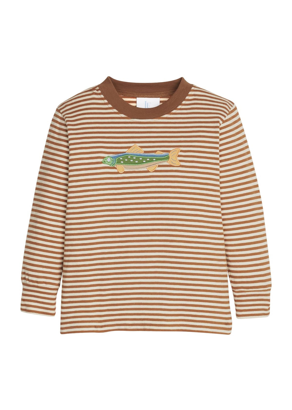Little English classic childrens clothing.  Brown and white stripe knit long sleeve t-shirt with fish applique for little boys.