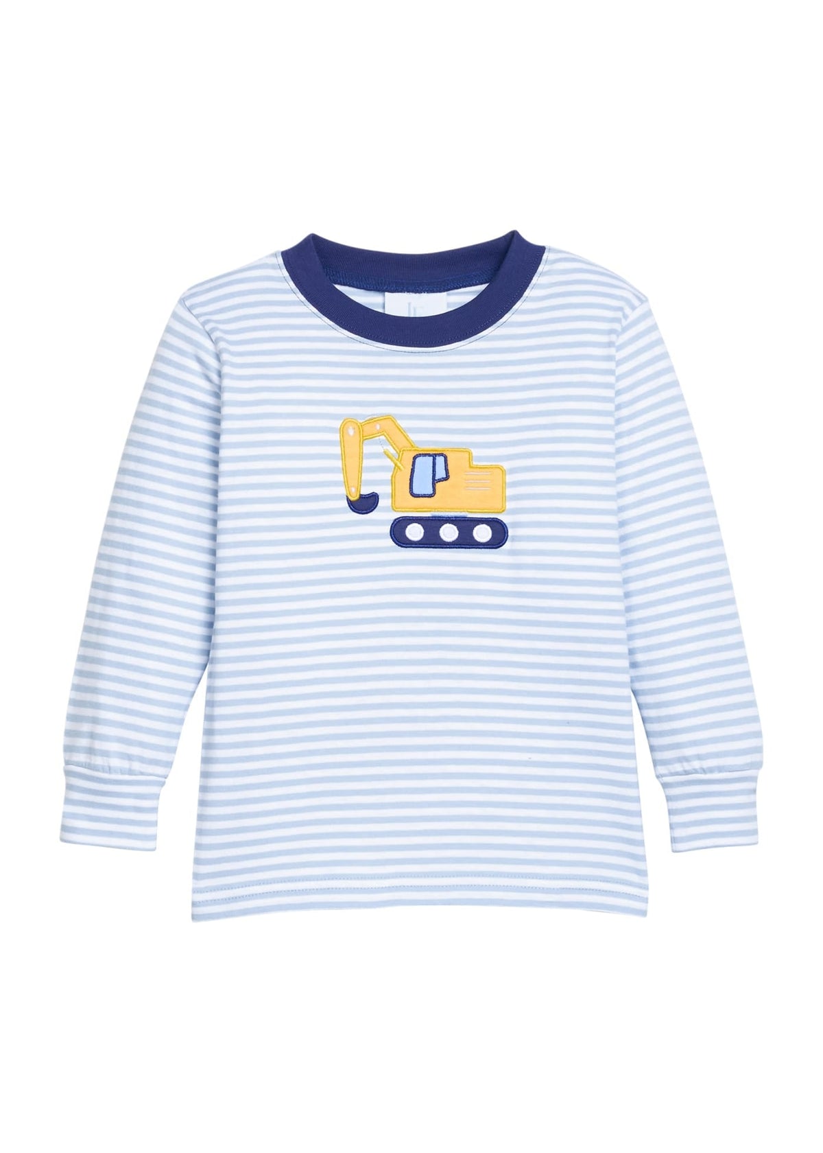 Little English classic childrens clothing.  Light blue and white stripe knit long sleeve t-shirt with excavator applique for little boys.