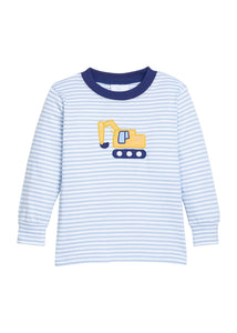 Little English classic childrens clothing.  Light blue and white stripe knit long sleeve t-shirt with excavator applique for little boys.