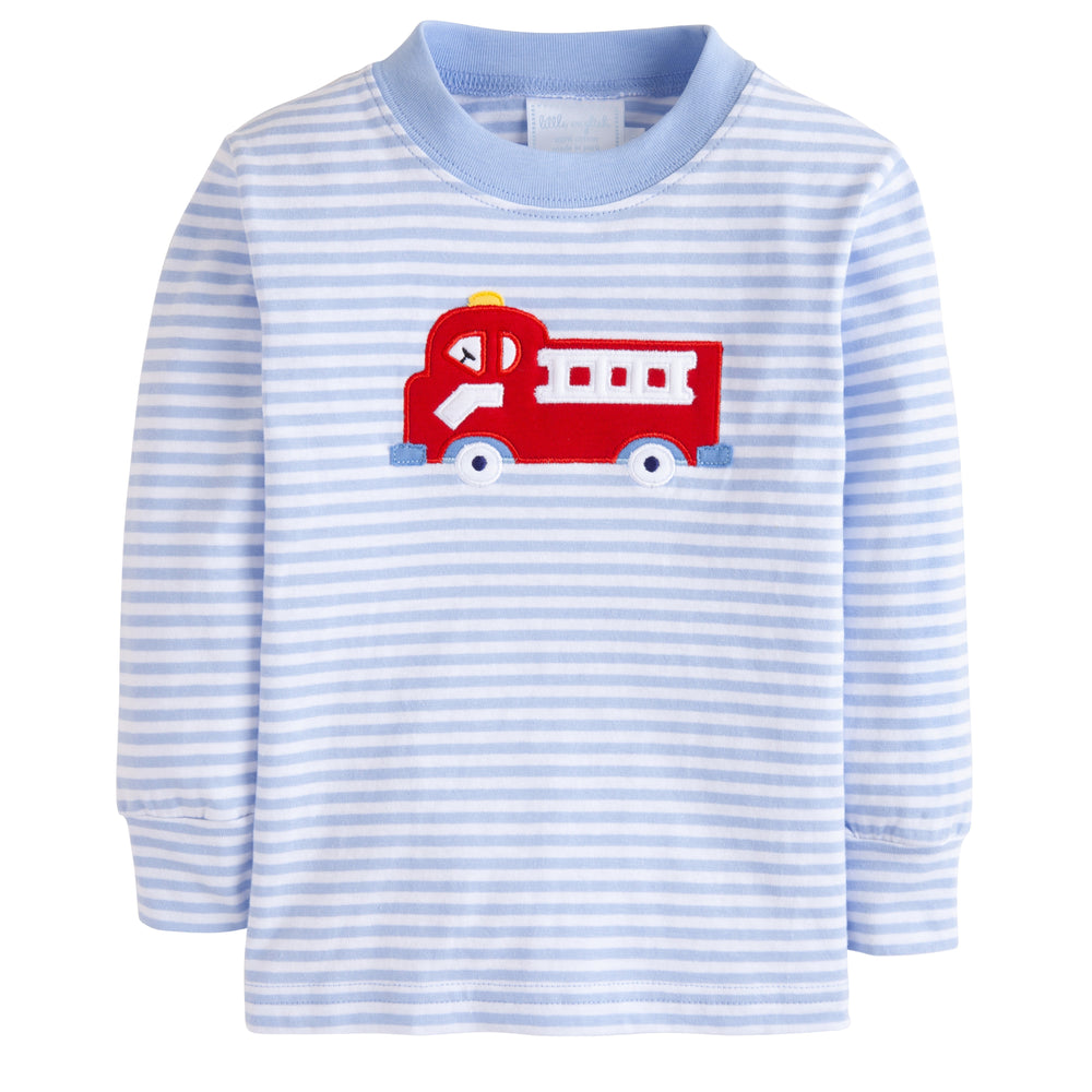 Front view of boys’ long-sleeve t-shirt with light blue and white stripes and red fire truck appliqué on front