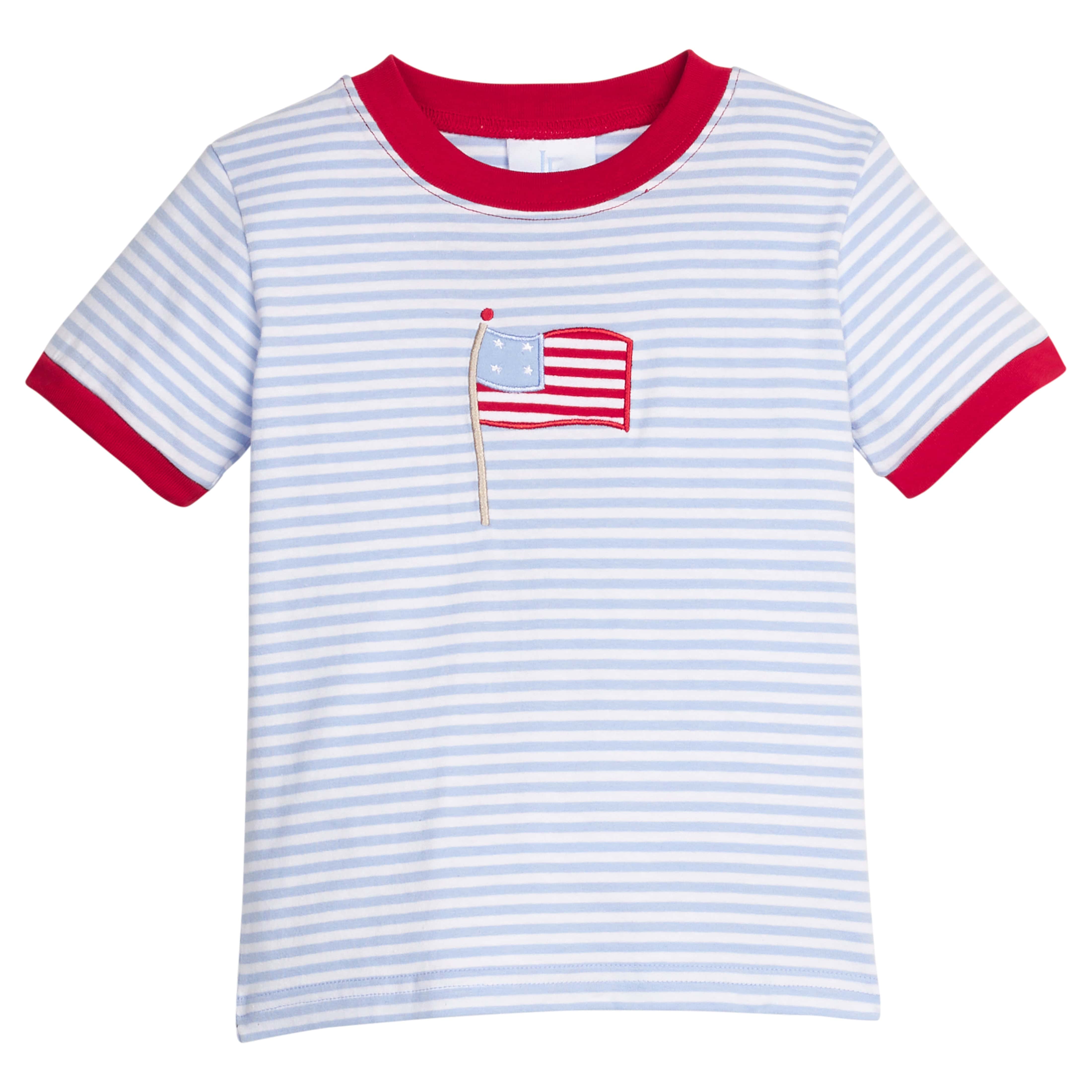 Little English traditional children's clothing. Classic light blue and white striped knit t-shirt with American flag applique.  Boy's play shirt for 4th of July