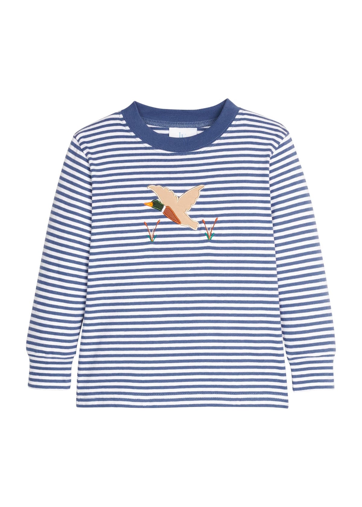 Little English classic childrens clothing.  Gray blue and white stripe knit long sleeve t-shirt with flying mallard applique for little boys.