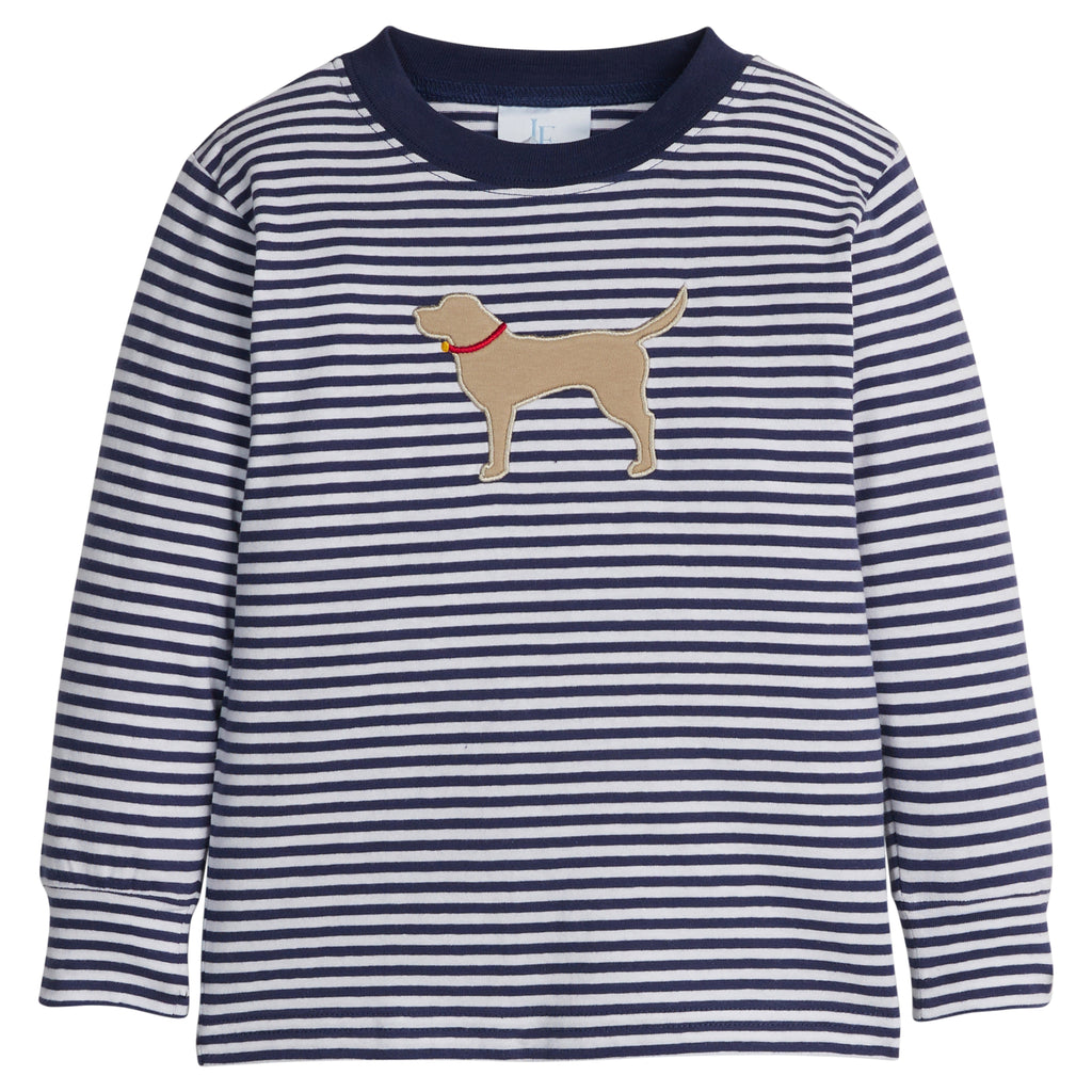 Little English classic knit t-shirt for little boys. Navy and white striped t-shirt with applique lab. 