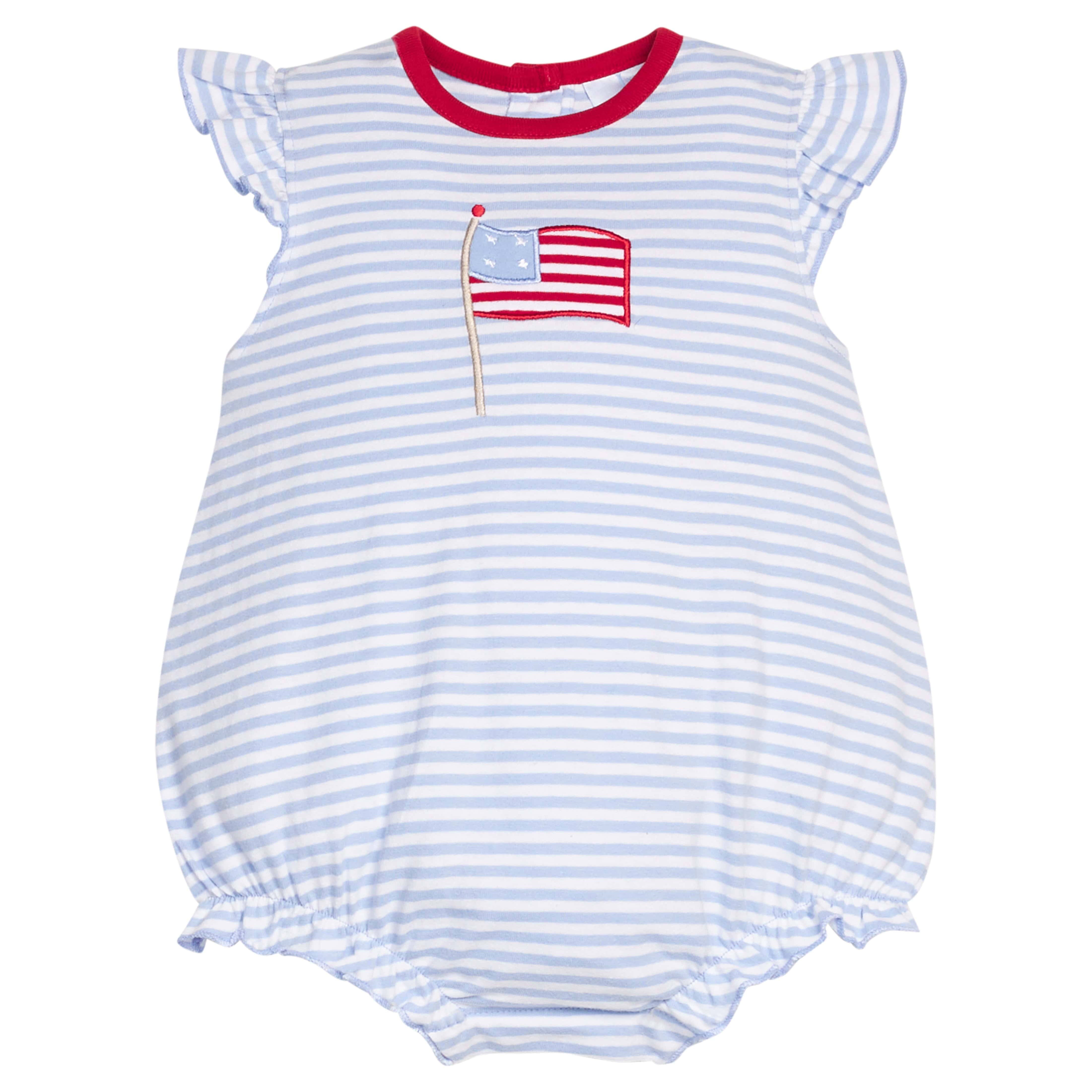 Little English traditional children's clothing.  Baby girl's classic light blue and white striped knit play bubble with American flag applique.  4th of July outfit for baby girl.