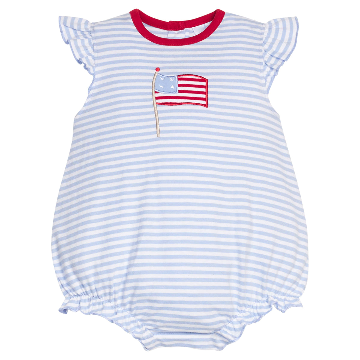 Little English traditional children's clothing.  Baby girl's classic light blue and white striped knit play bubble with American flag applique.  4th of July outfit for baby girl.