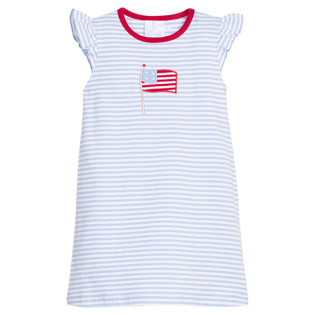 Little english classic knit dress in light blue stripe with flutter sleeves and flag applique for little girl 