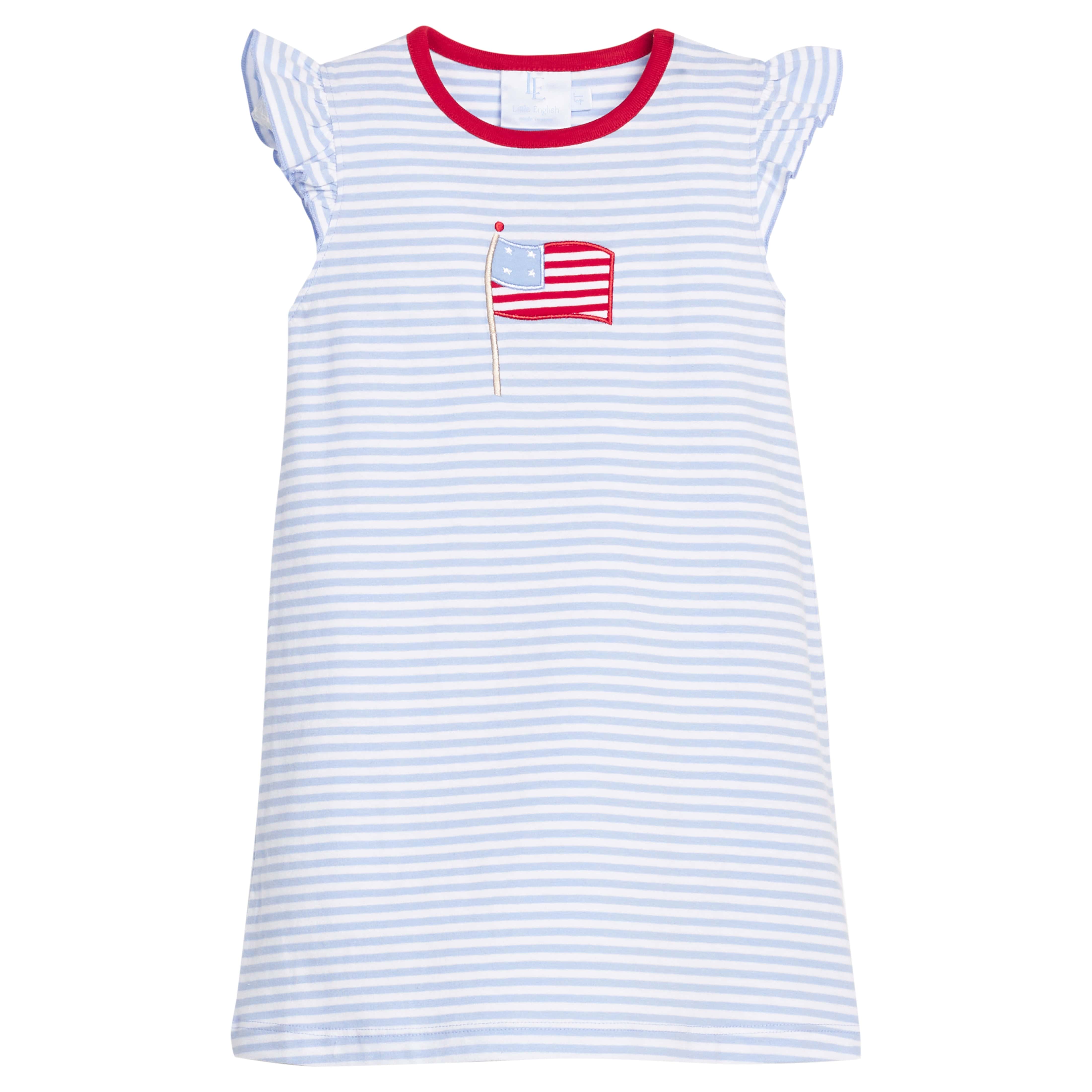 Little english classic knit dress in light blue stripe with flutter sleeves and flag applique for little girl 