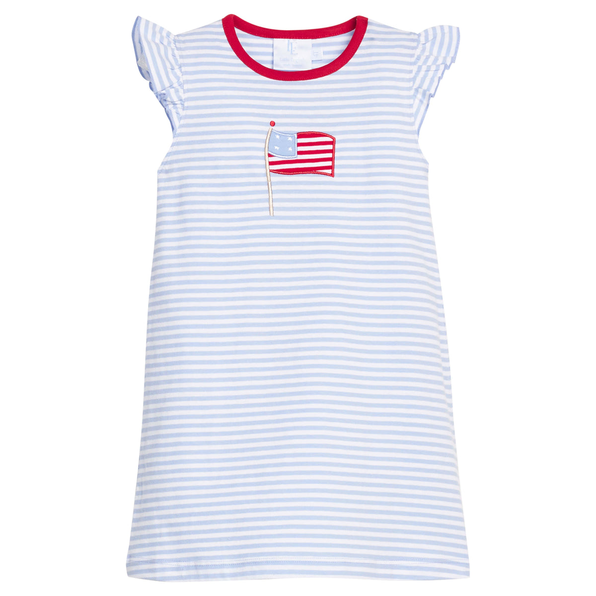 Little english classic knit dress in light blue stripe with flutter sleeves and flag applique for little girl 