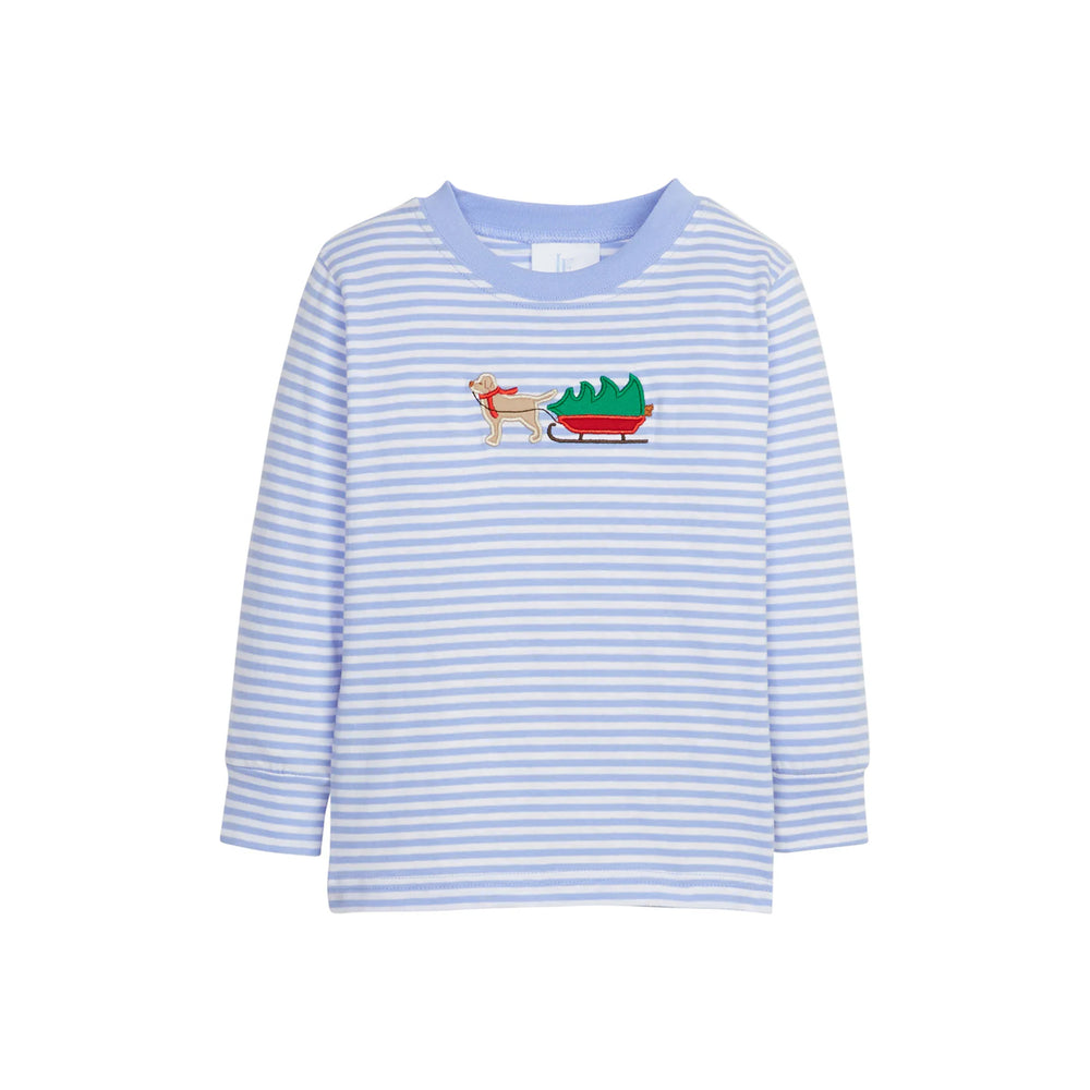 Front view of children’s long-sleeve blue and white striped applique T-shirt showing embroidered dog pulling a sled on the chest with white background