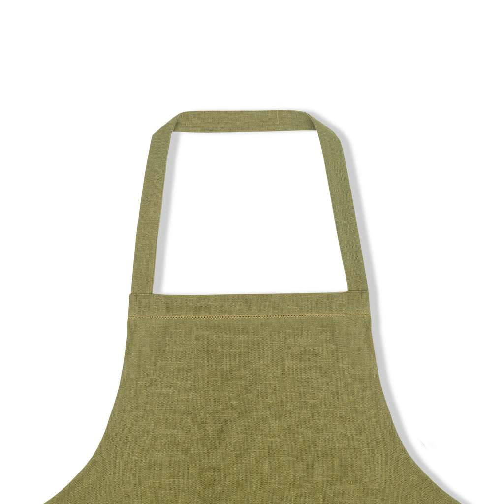 fern green apron with ochre hemstitch