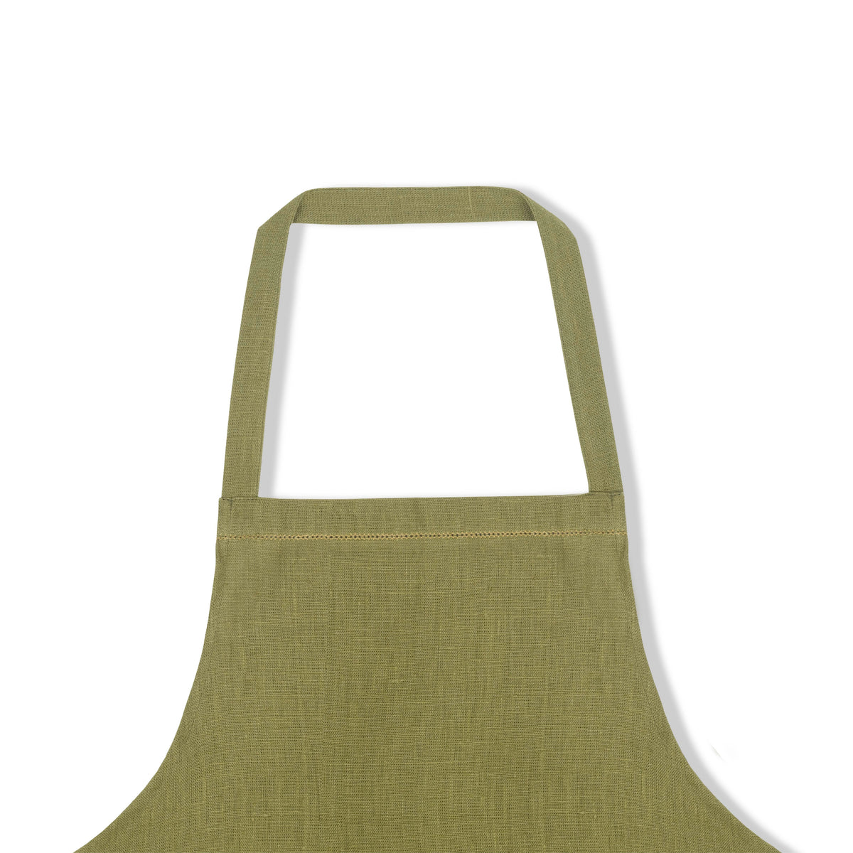 fern green apron with ochre hemstitch