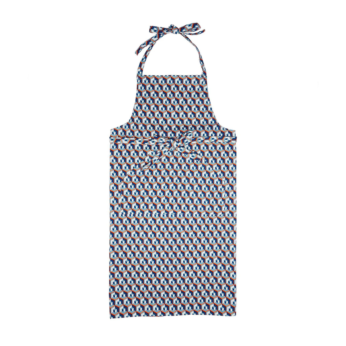 Flat lay of apron with pocket in Cubo Giallo Fuxsia Blue showing wide pocket and geometric cube print on white background