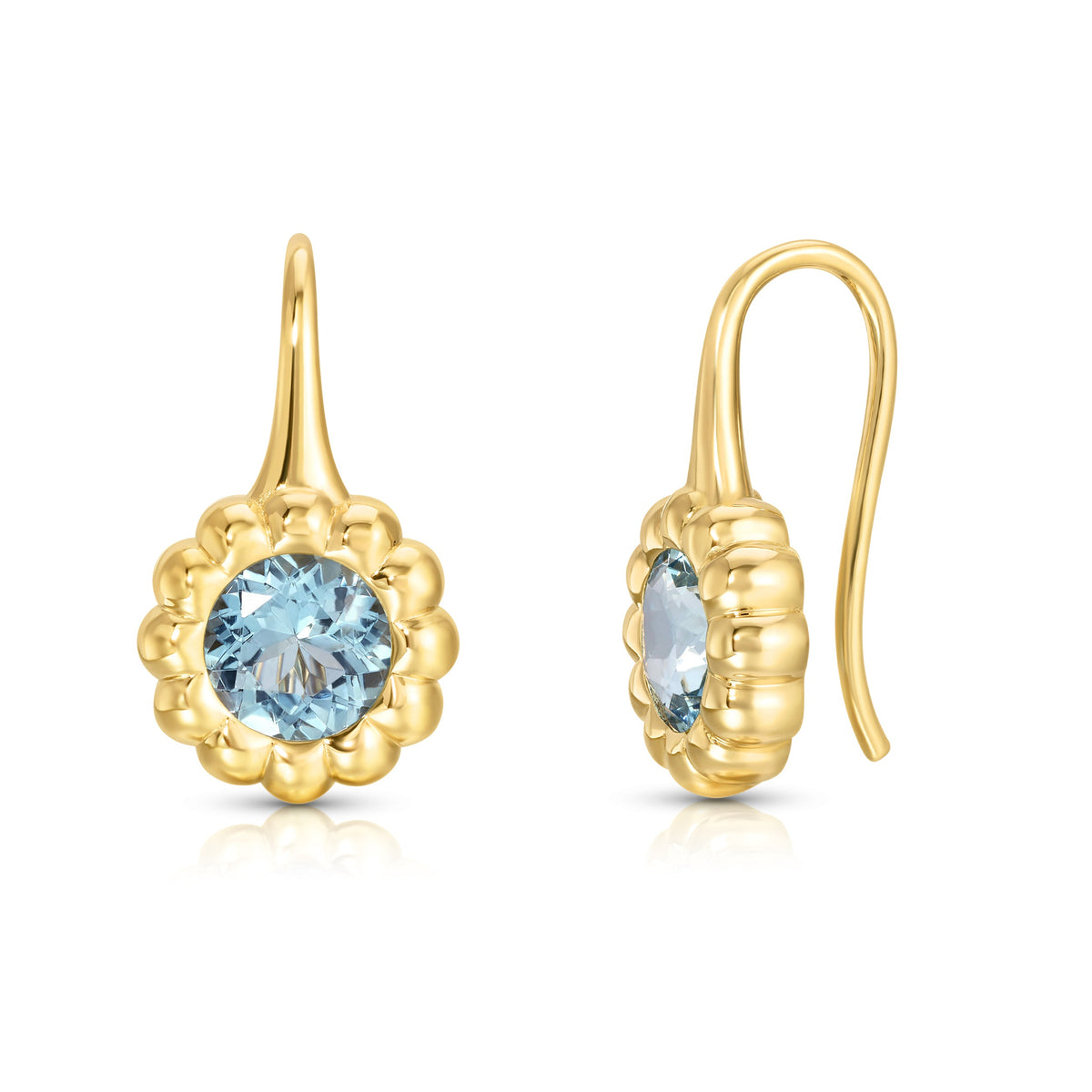 Front and side Aquamarine Reverie drop earrings with round aquamarine stones in 14k gold fluted bezels on French wire hooks