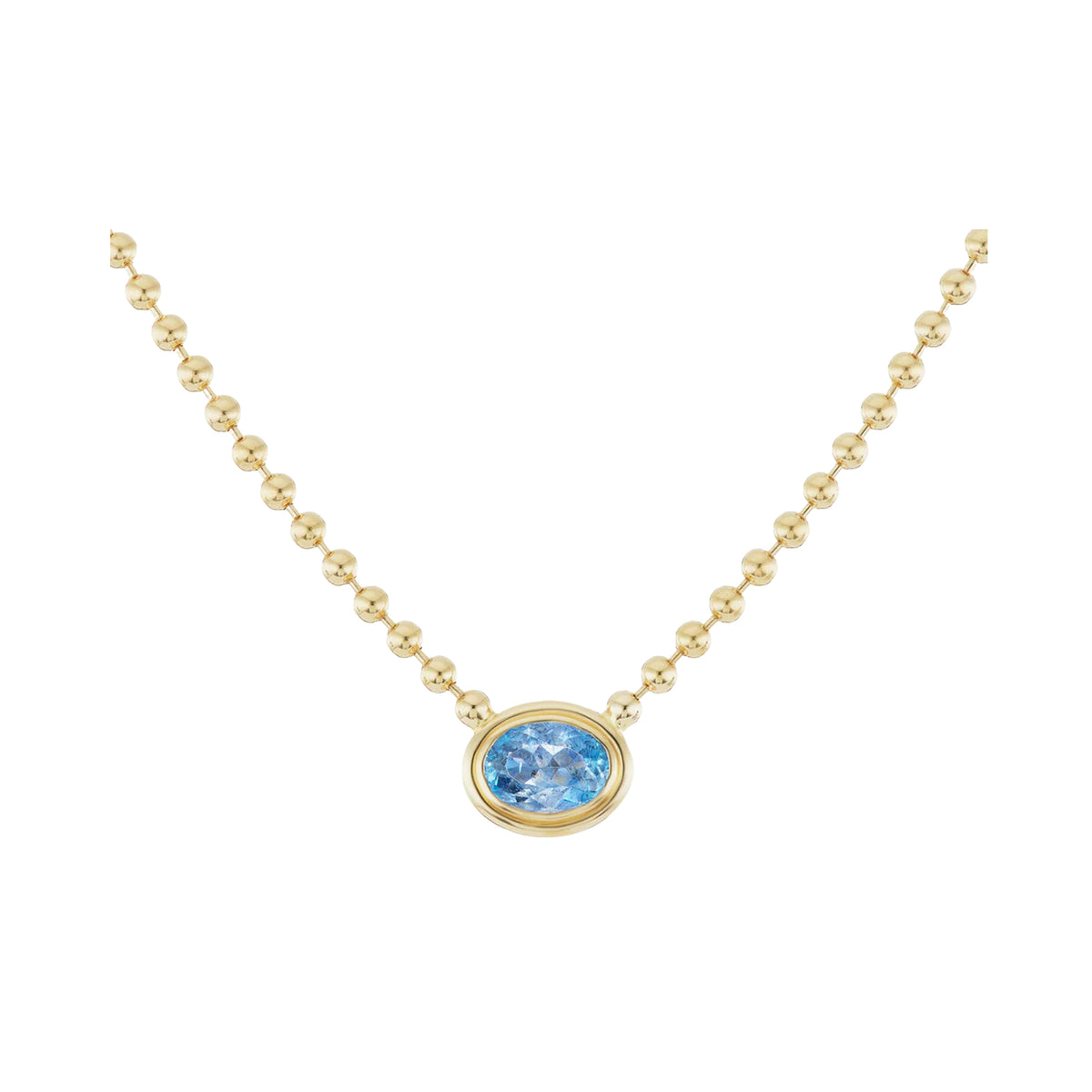 Front of Aquamarine Double Bubble Bezel Necklace showing oval aquamarine in 18K yellow gold with beaded chain on white