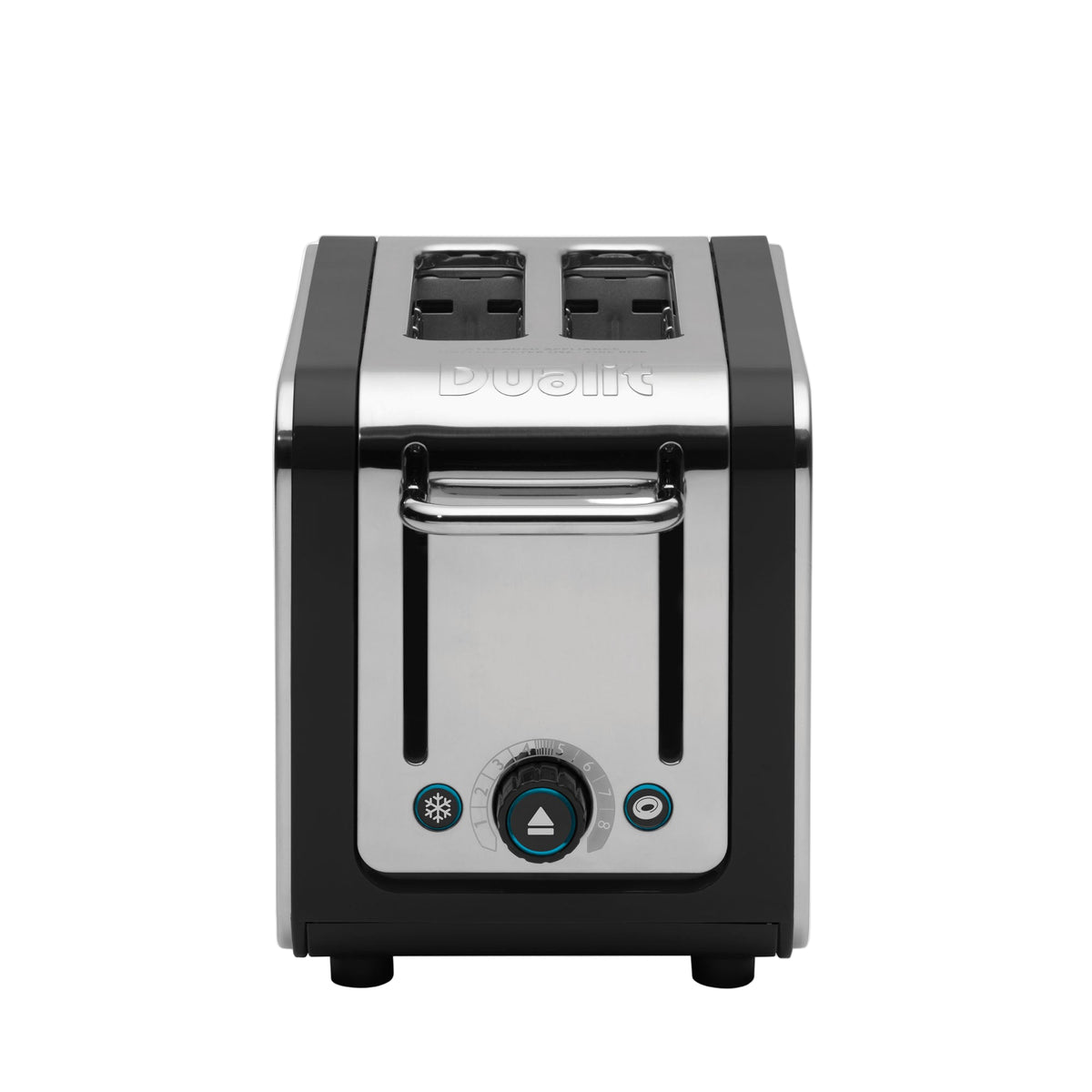 Front view of 2 Slot Design Series Toaster in Black/Stainless Steel showcasing two extra-wide slots and intuitive controls against a white background