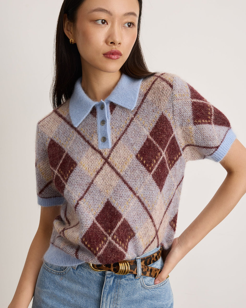 Argyle Camilla Knit Top in Winter Sky/Mahogany/Cream