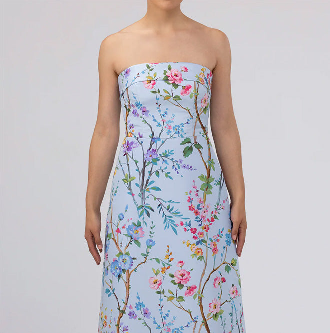 Lucie Garden Reverie Silk Faille A-Line Midi Dress in Light Blue Floral