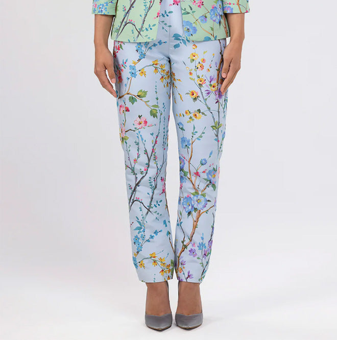 Garden Reverie Silk Faille Cigarette Pants in Light Blue Floral