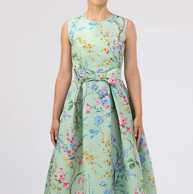 Grace Garden Reverie Silk Faille Ball Gown with Bow Belt in Celadon Floral