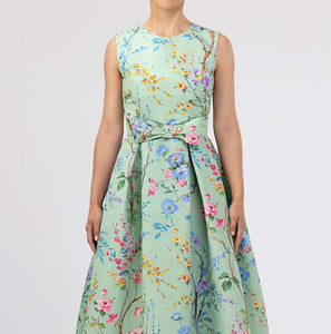 Grace Garden Reverie Silk Faille Ball Gown with Bow Belt in Celadon Floral