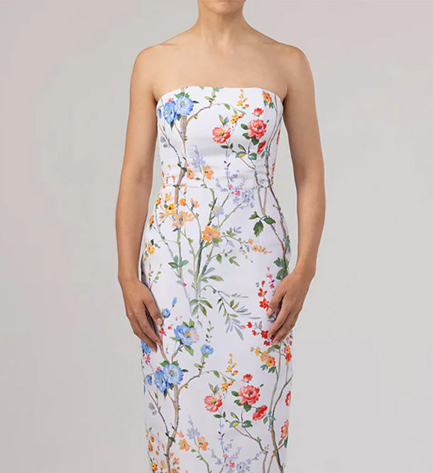 Elizabeth Garden Reverie Silk Faille Column Gown in White Floral