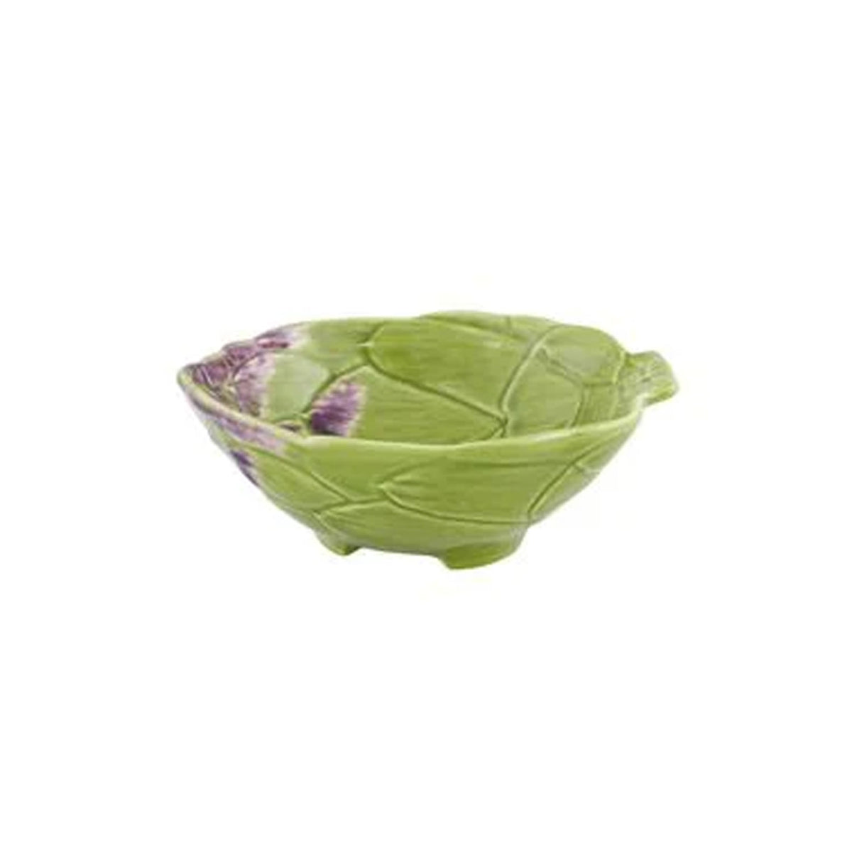 Three-quarter view of Artichoke Bowl 5 inch in Green showcasing an articulated leaf design with a white background