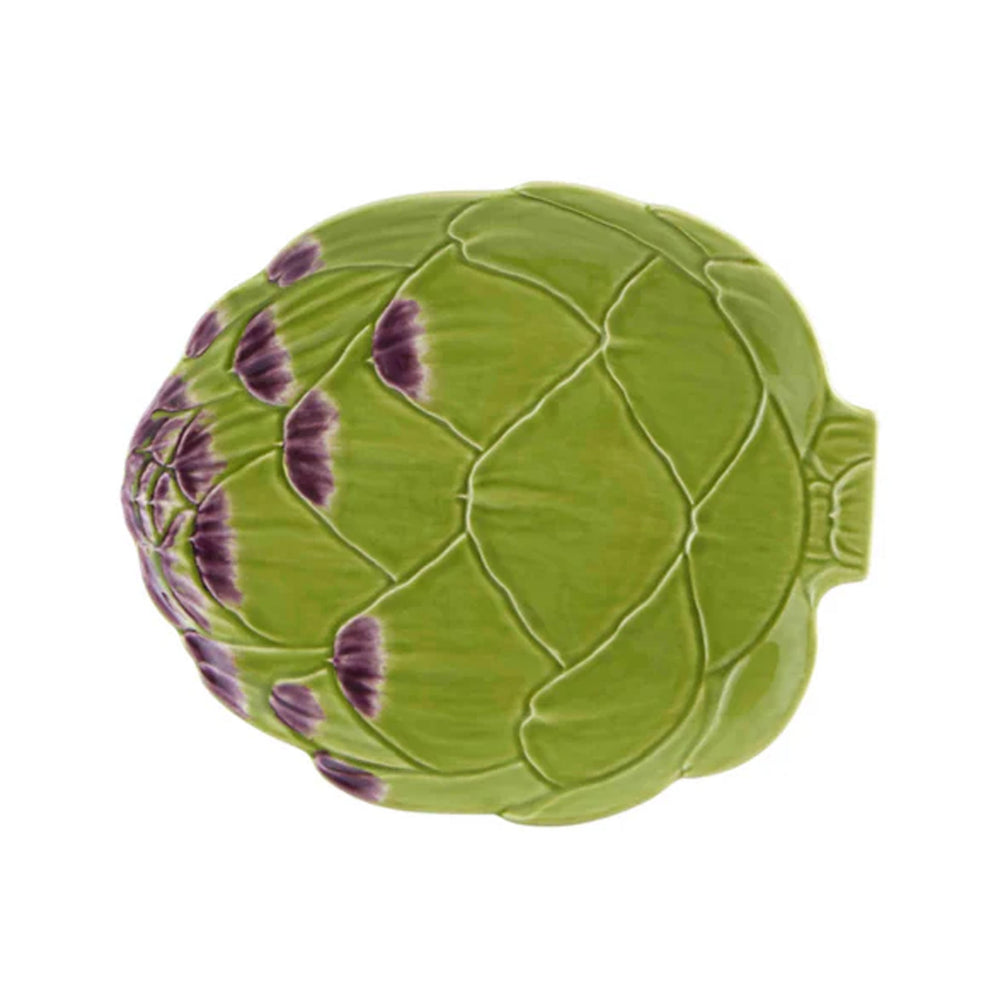 Top view of artichoke-shaped green ceramic fruit plate with raised leaf texture and purple accents on white background