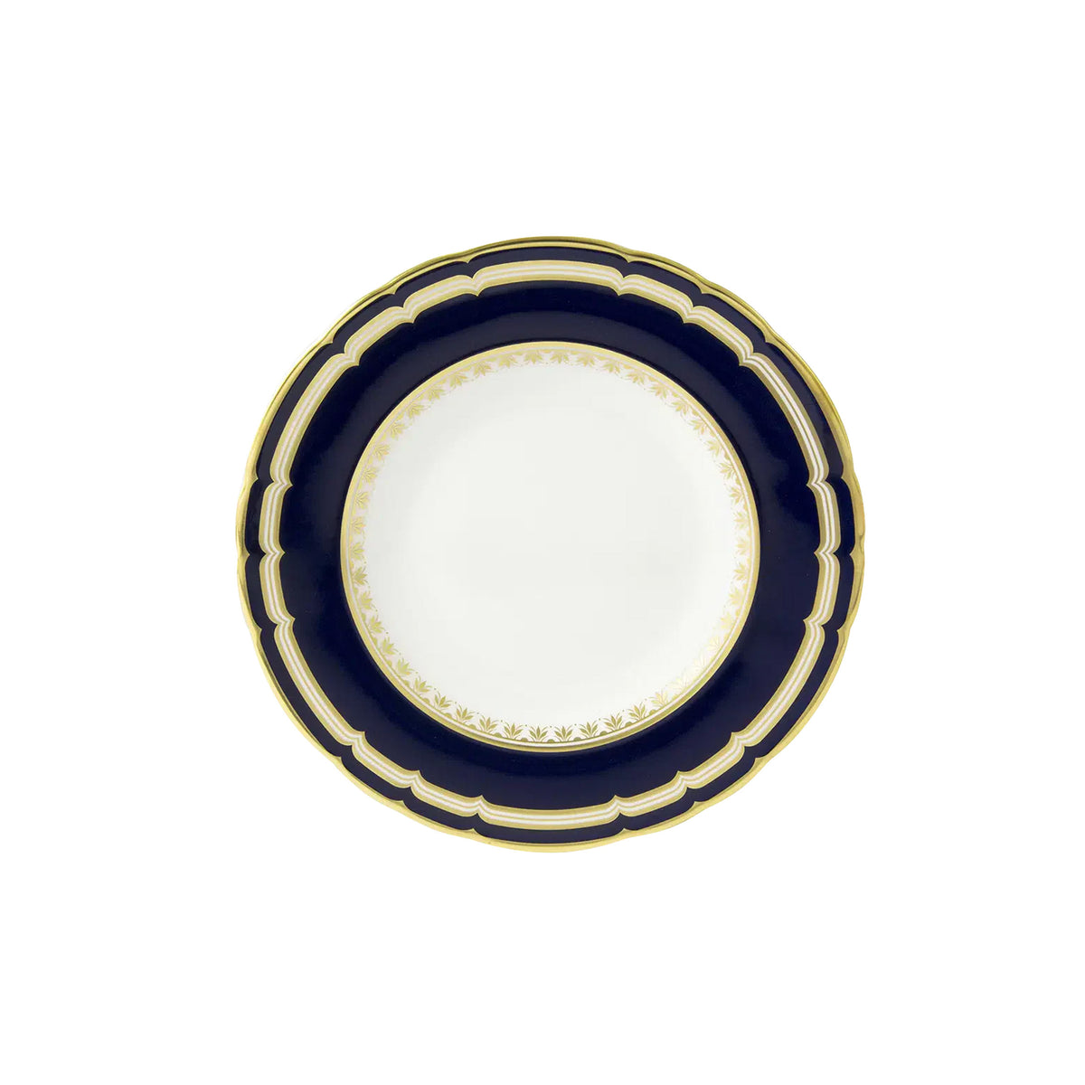 Top-down view of Ashbourne bread and butter plate showing deep navy border with 22 carat gold trim on white background