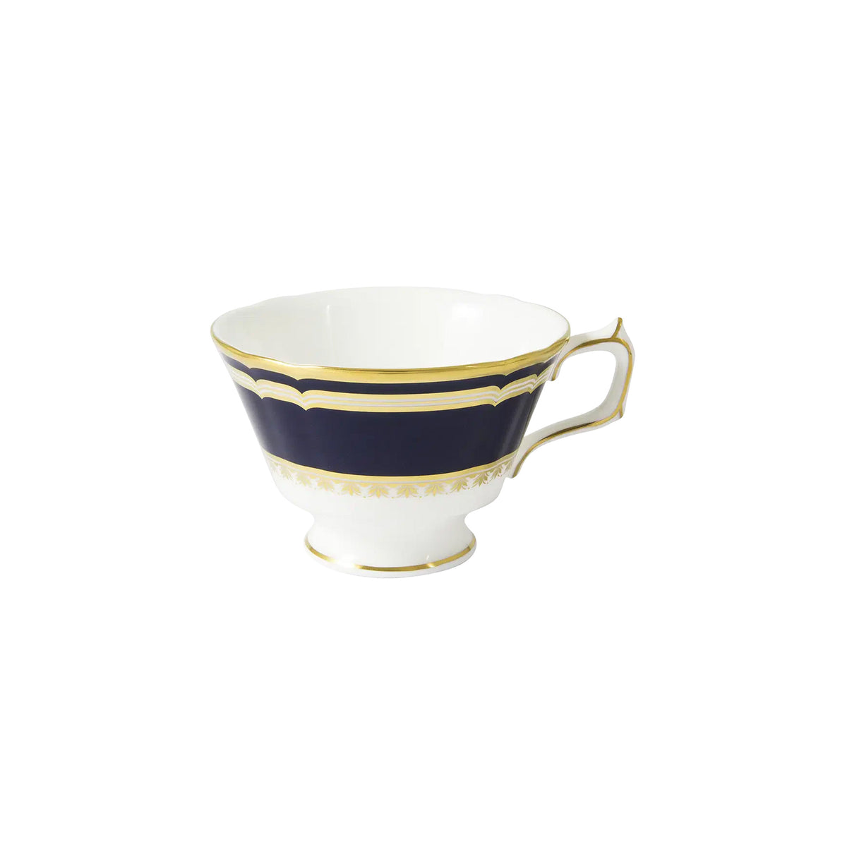 Three-quarter view of Ashbourne tea cup showcasing a navy band and 22 carat gold trim on white background