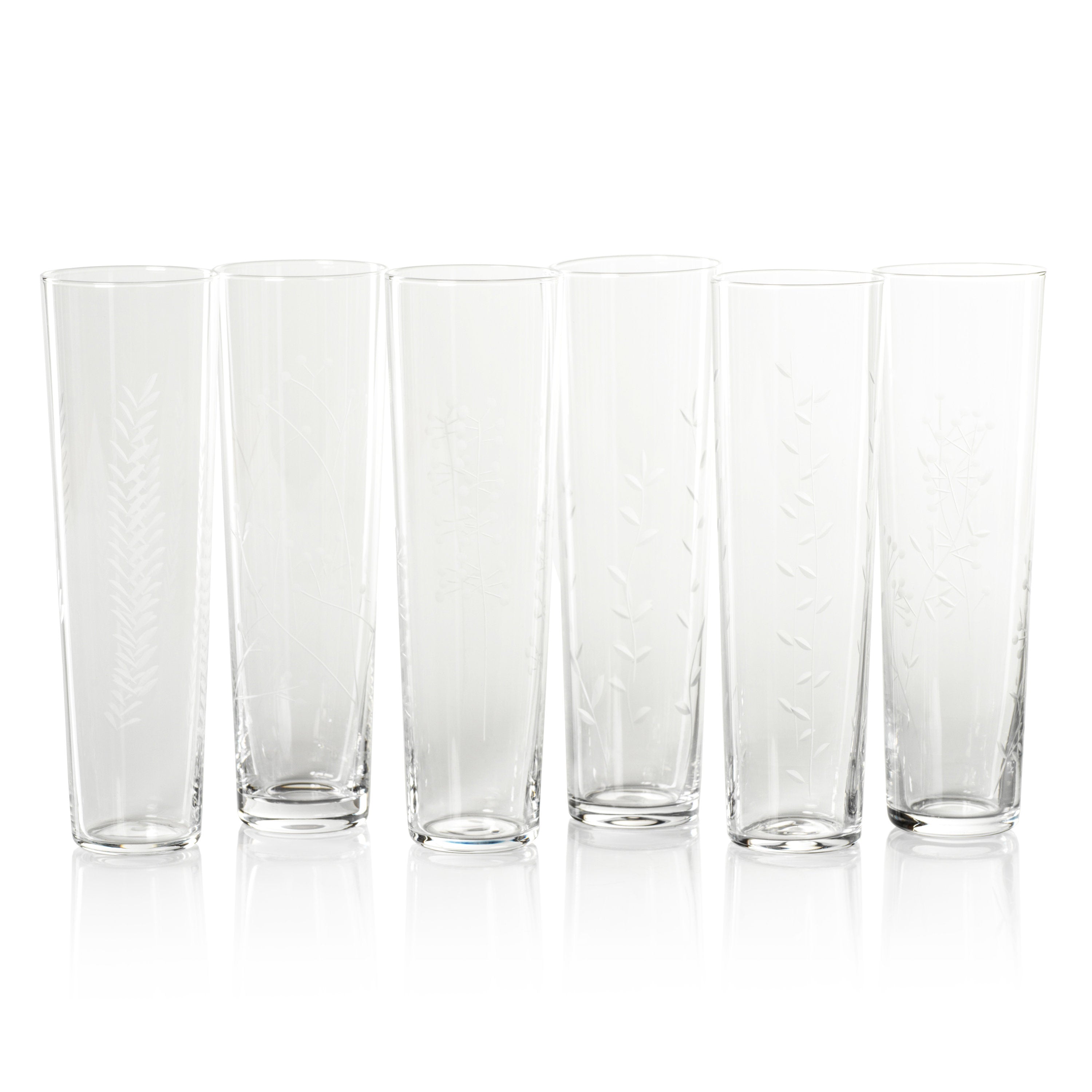 Assorted Botanical Etched Flutes, Set Of 6 (Set of 6)