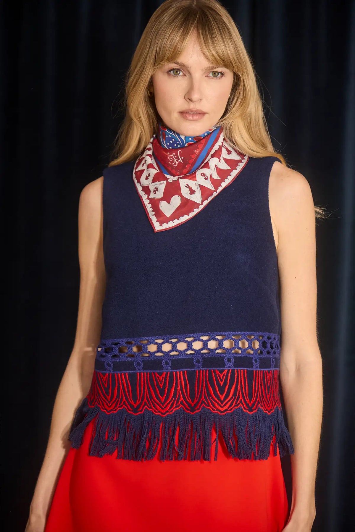 Double-sided printed scarf showcasing a whimsical winter tableau with a charming fawn at the center.