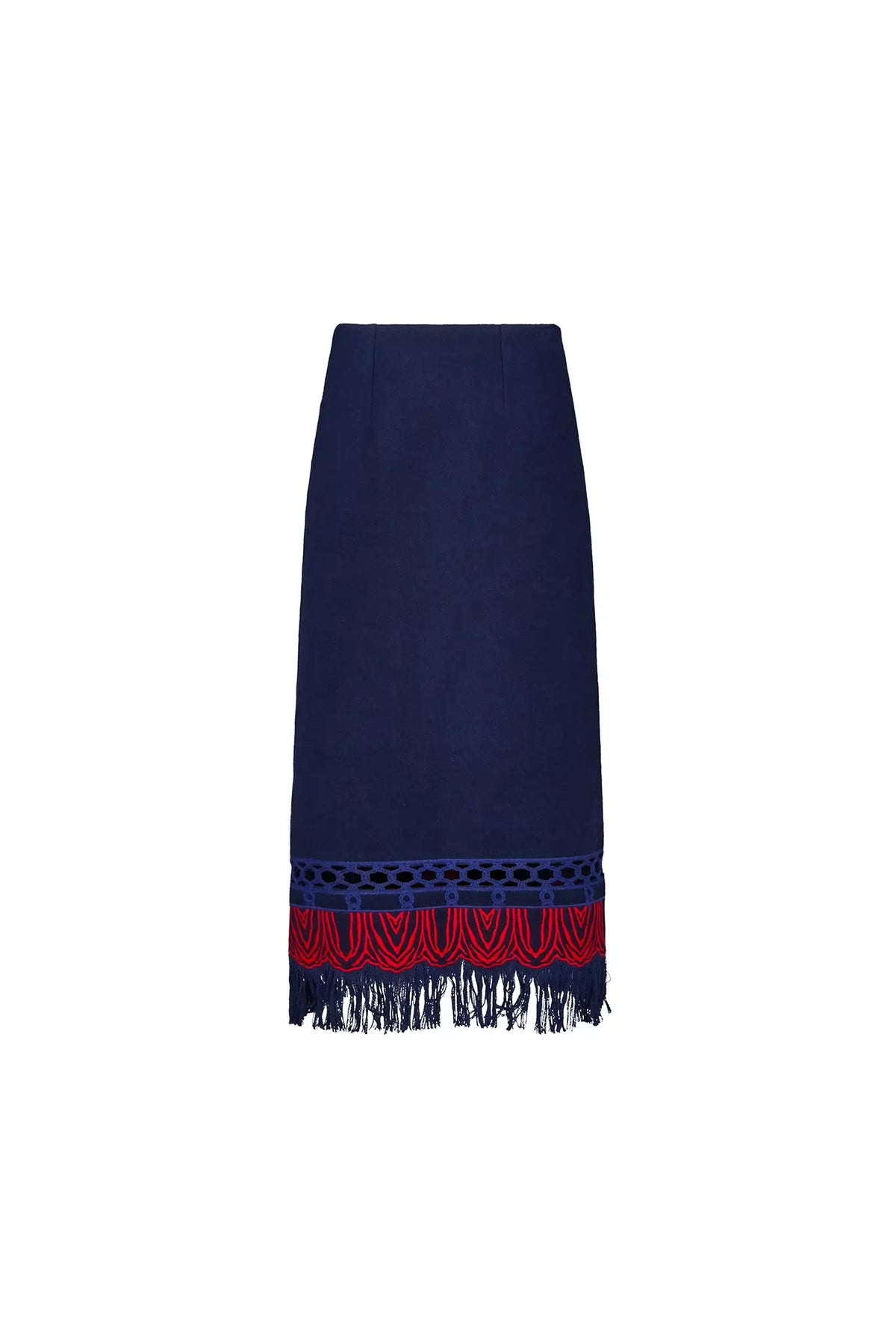 The Rivington Skirt is a midi in embroidered fringe wool, a clean finished waist and back zipper